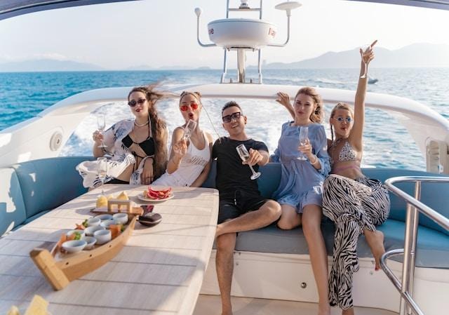 Group of friends enjoying bachelorette yacht party