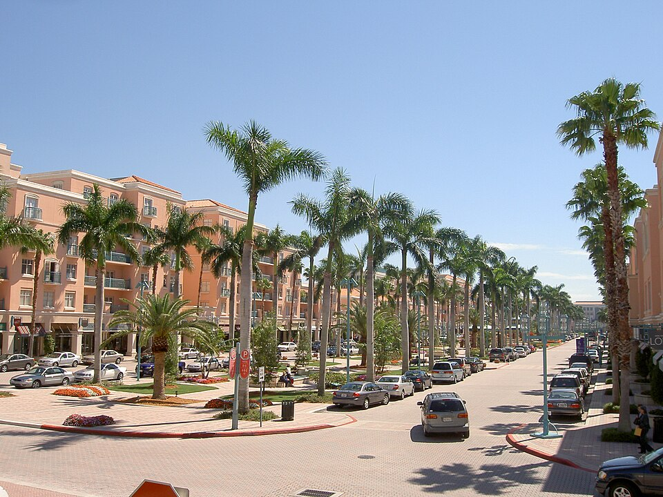 Palm-lined street at Mizner Park in Boca Raton.