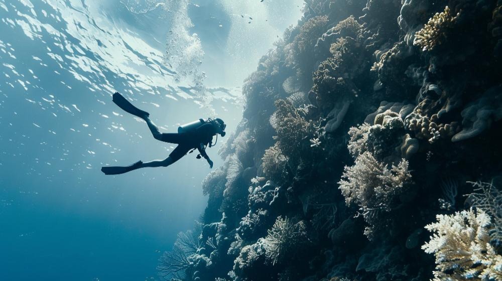Scuba diver drift diving along coral reef wall underwater.