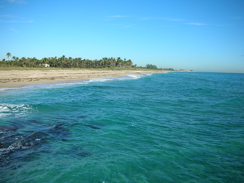 Boynton Inlet sandy beach with turquoise water and palms.