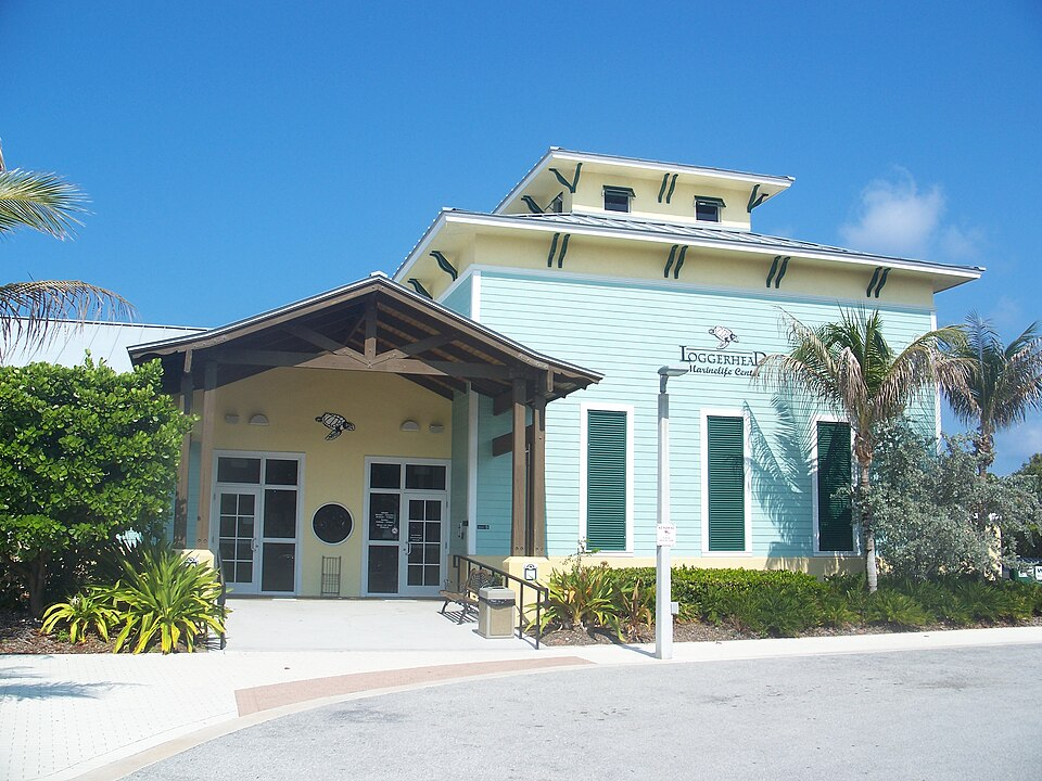Loggerhead Marinelife Center building with palm trees and signage