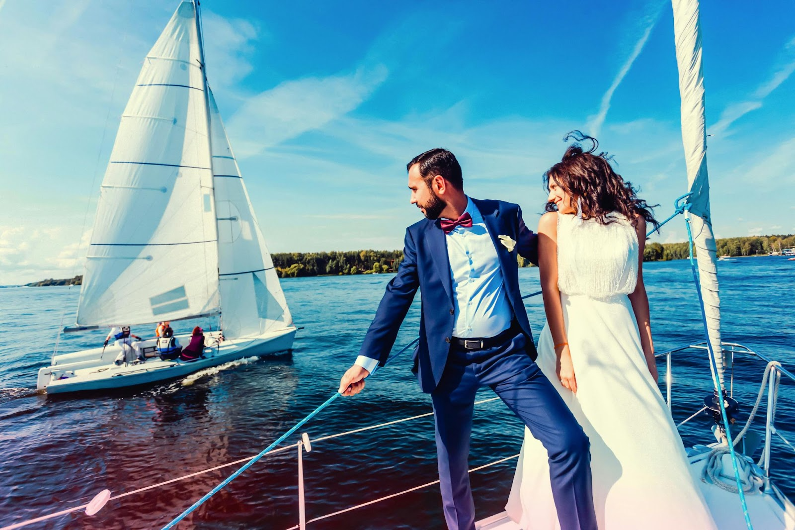 Bride and groom on a yacht